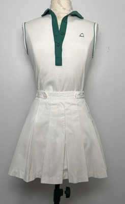 Vtg 80s HEAD Country Club Tennis Set White Green Polo Top Pleated Skirt XS/S