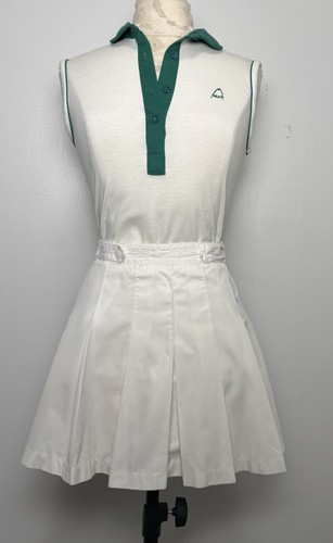 Vtg 80s HEAD Country Club Tennis Set White Green Polo Top Pleated Skirt XS/S