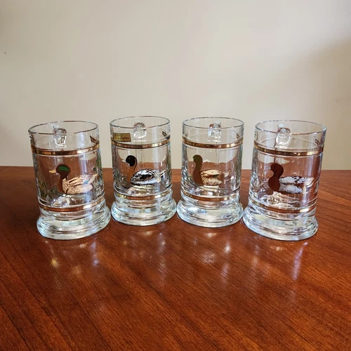Vtg MCM Culver 22K Gold Trim Glass Mugs Duck Mallard Pintail Beer Barware EUC