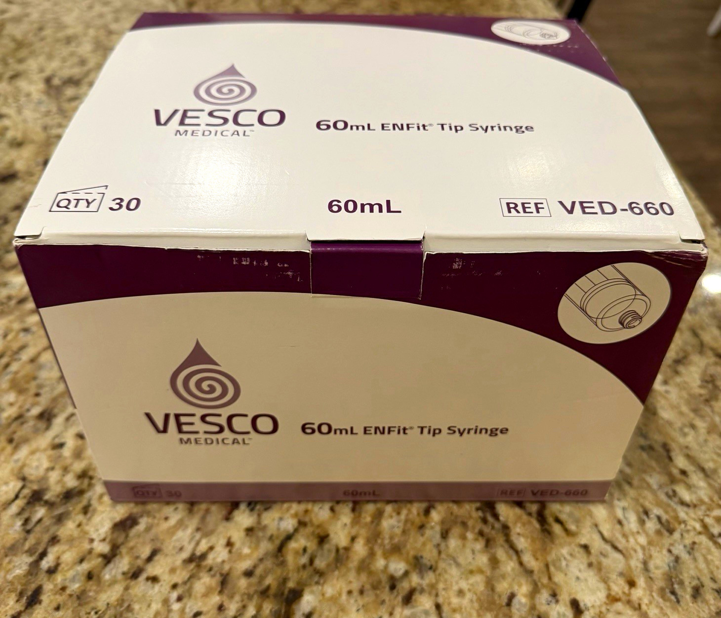 Vesco Medical 60mL ENFit Tip Syringe VED-660. Box of 30