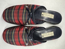 Vintage Brighton Holly Mules 7.5 N Plaid Leather Sole Made In Italy Heels Rare