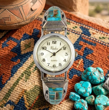 Signed Jerry T Nelson Navajo Sterling Silver Turquoise Inlay Watch Tips Vintage