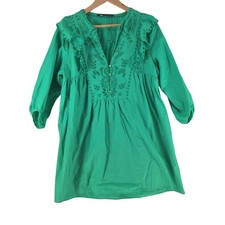 Zara Dress Womens Medium Green Embroidered Henley Boho 3/4 Sleeve Mini 129789