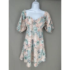 Grade Gather Dress Medium Blue Floral Mini Sweetheart Babydoll Pastel Cottage