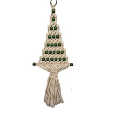 Vintage Boho Macrame Christmas Tree Cream w/Green Wood Beads 28" Long