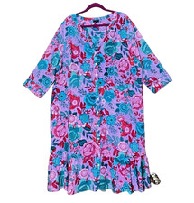 Talbots Plus Dress 22W Floral Button Front Midi Cotton Lined Purple Pink Cottage