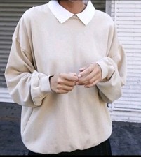 Brandy Melville One Size Oversized Collared Crewneck Pulloever Sweatshirt Beige