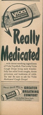 1946 Vicks Medicated Cough Drops Inhaler Fast Relief From Coughs Colds Ad L43