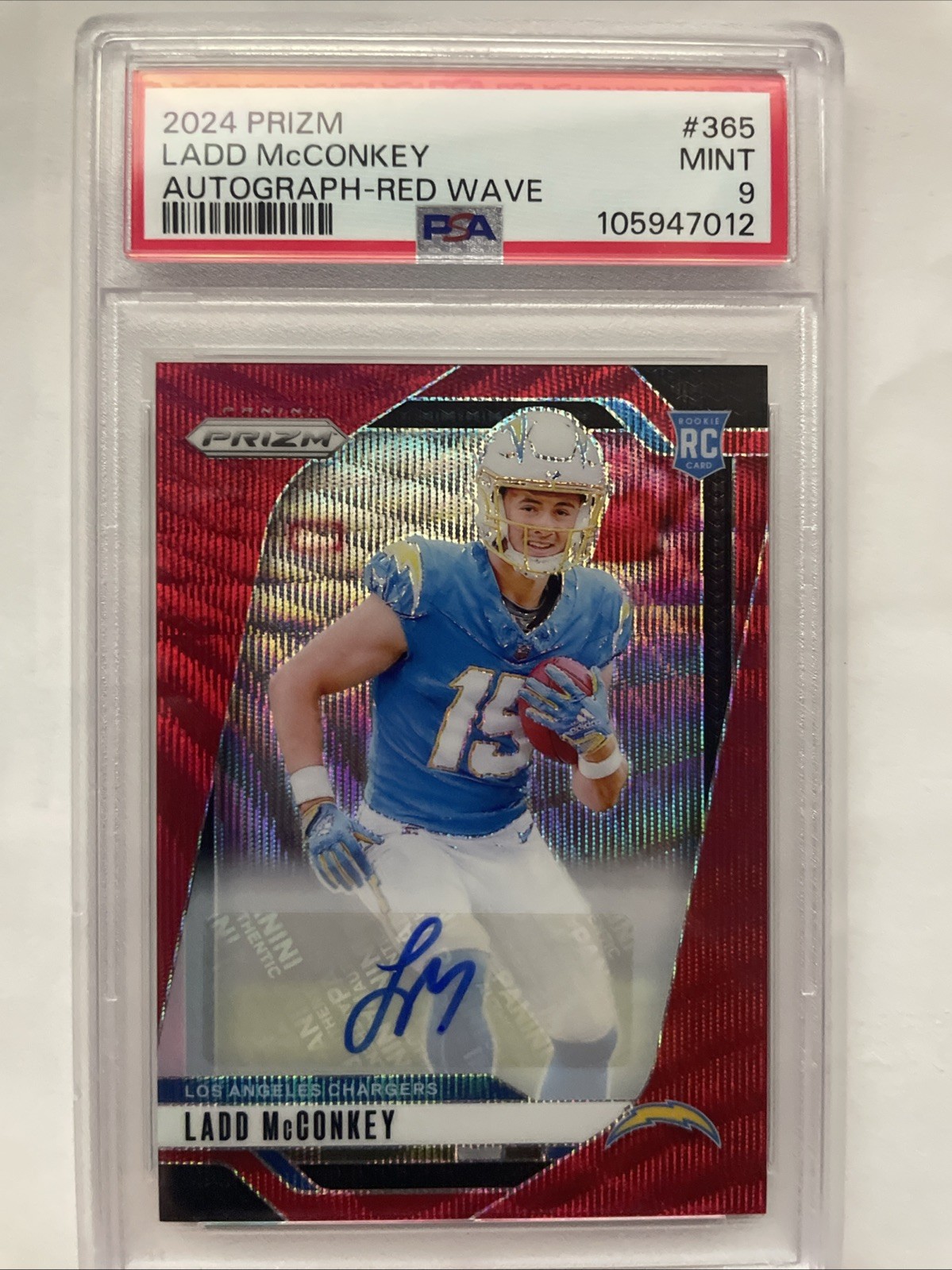 2024 Panini Prizm Ladd McConkey #365 (RC) /149 Autographed-Red Wave PSA 9
