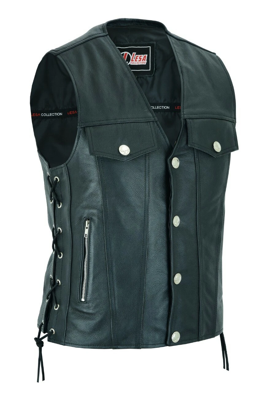 Mens Real Leather Waistcoat Motorcycle Biker Style Black Side Laces Vest