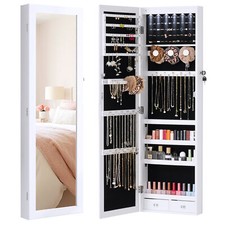 Mirror LED Lights Lockable Jewelry Organizer 2 Drawers, Wall-Mount Door-Hanging