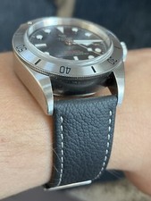 22mm BLACK thin Full Grain Leather Topside Watch Straps Band White stitch  