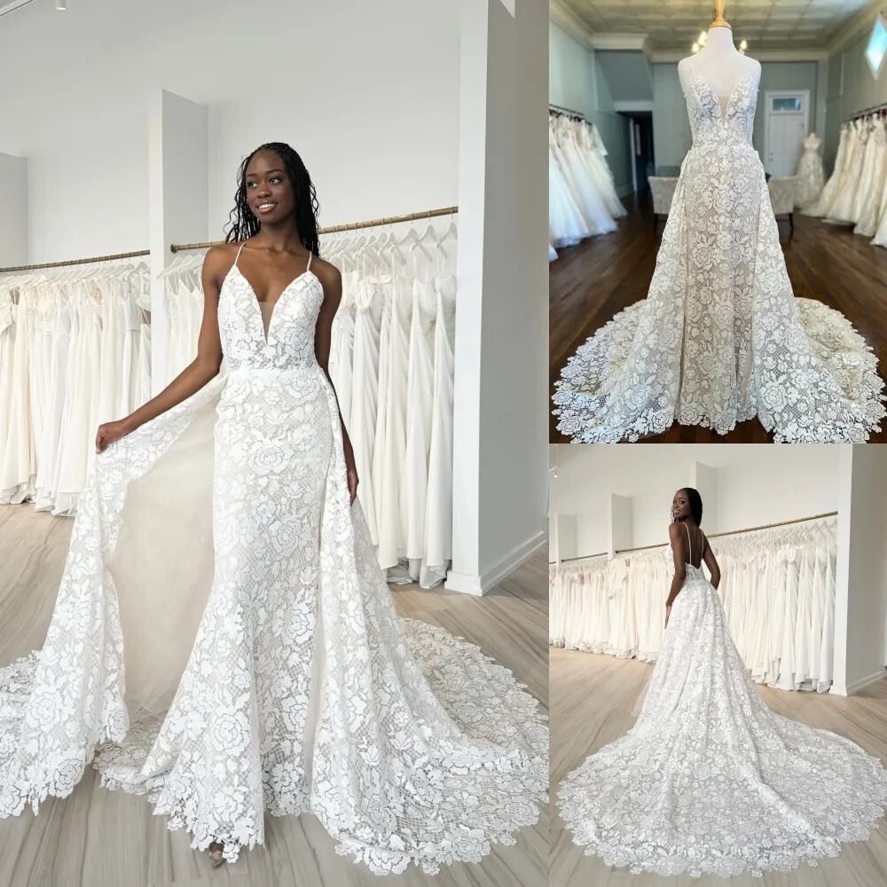 Elegant Full Lace Mermaid Wedding Dresses V-Neck Boho Bridal GownDetachable  tail