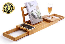 Bamboo Bathtub Tray Caddy w/ Extending Arms - Holds Books, Tablet, Phone, Towels