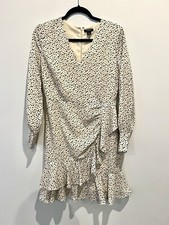 Halogen Long Sleeve Ruffle Short Dress Cream Beige Animal Leopard Print 