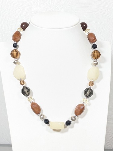 Beachy Coastal Brown Cream Acrylic Glass Bead silver Tone Necklace 19.5 in