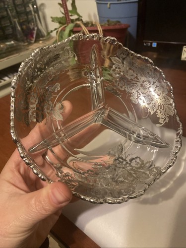 3 Sectioned Silver Overlay Flower Patterned Candy Olive Relish Dish Vtg Heisey - Picture 18 of 21