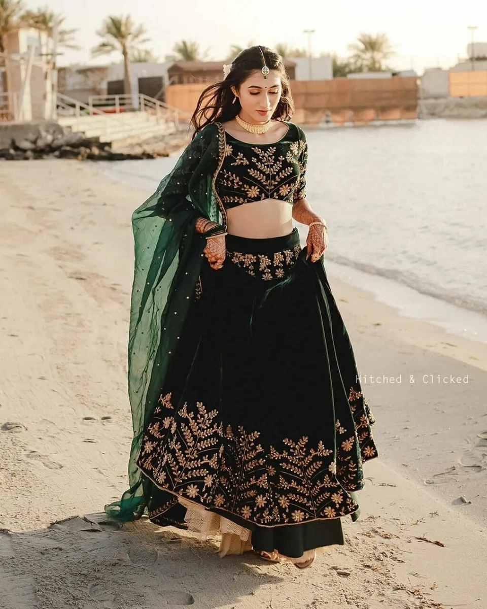 Green Velvet Lehenga Choli Chunri Indian Party Wear Lengha Sari