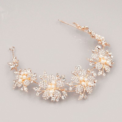 Bridal Wedding Hair Vine Rose Gold Headband Headpiece Pearls Hair