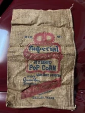 VINTAGE 50 LB Imperial POPCORN BURLAP SACK SEED BAG 24 X 16