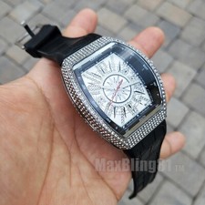 MEN'S WATCH HIP HOP SILVER PT ICED BLACK SILICONE BAND SIMULATED DIAMOND BLING