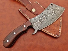 10" Damascus steel blade, Rose wood meat & vegetable cleaver with Leather sheath