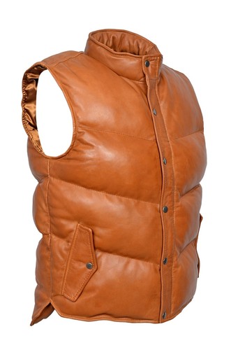 Men's ARCTIC Puffer Tan Gilet Sleeveless Padded Waistcoat Vest Lambskin Leather - Picture 5 of 8