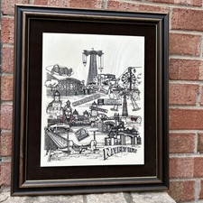 RARE Vintage Carol Blaess CHICAGO IL Riverview Amusement Framed MARBLE ETCHING