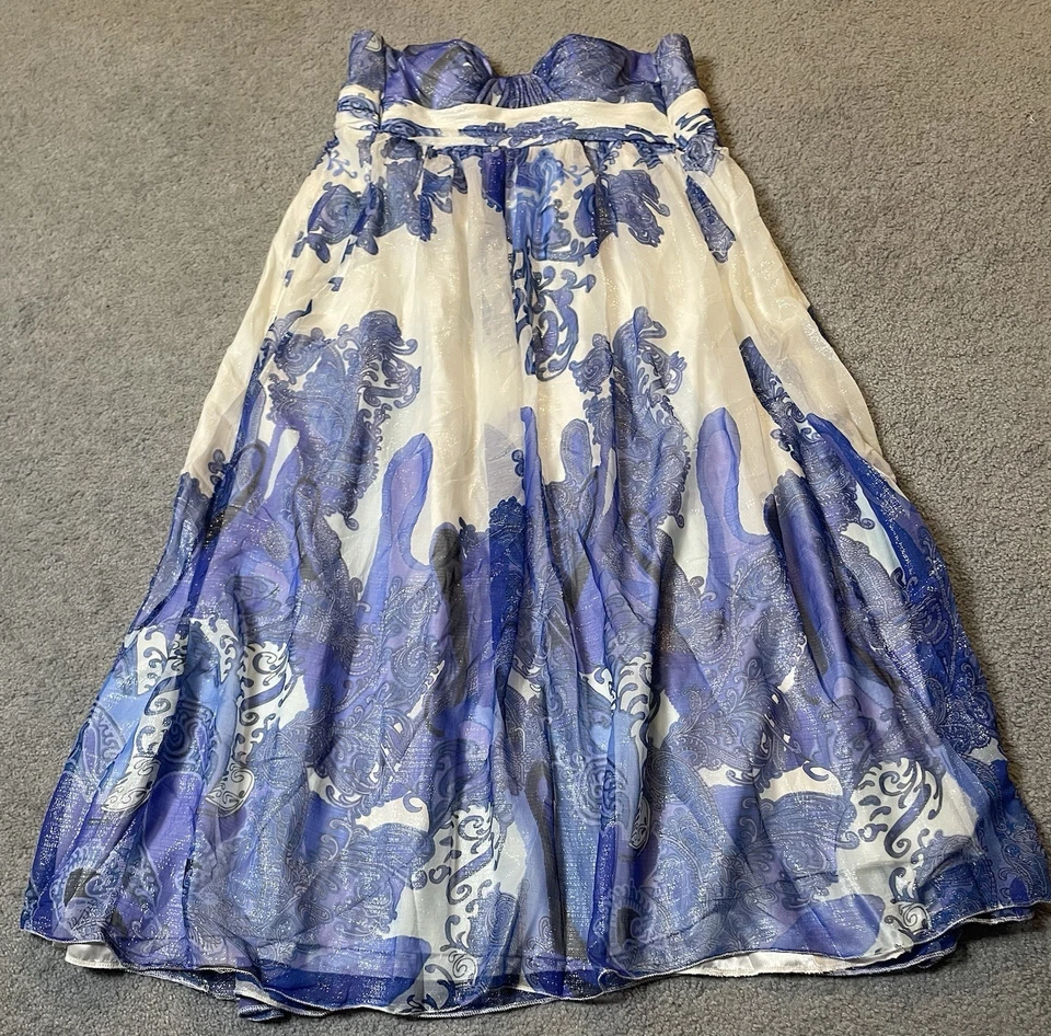 Silk Blend Pleated Midi Dress Sz 12 Strapless High Waist Blue Wedding Boho Beach - Изображение 4 из 4