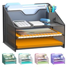 Desk File Organizer, Mesh Letter File Folder Holder with 3 Paper Trays and 2 ...