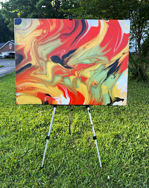 Original Abstract Swirl Canvas Painting Orange Green Black White, Unframed
