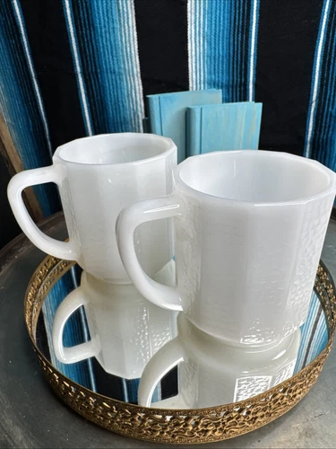 VTG Fire King Federal Milk Glass Textured Coffee Mug Set 2