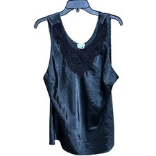 Vintage Cinema Etoile Tank Top Women L Black Satin Lace Trim Sleeveless Blouse