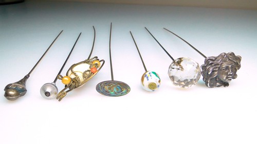 7 Antique Hat Pins Sterling Nouveau Glass Ornate Hatpin Lot