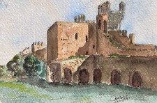 Castello in rovina, acquerello antico firmato e datato 1928