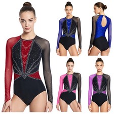 Women Bodysuit Figure Skating Leotard Mesh Dancewear Color Block Gymnastics