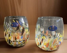 Murano White Crystal Confetti Stemless Wine Glasses Hand Blown Italy New Set/2