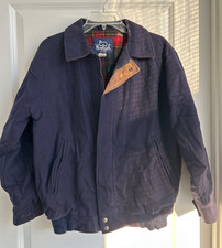 Men's Vtg WOOLRICH Navy Red Plaid Lined Wool Zip Up Bomber Jacket Coat Size L