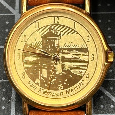 Van Kampen Merritt Lighthouse Watch Gold Tone Case Brown Leather Band Vintage