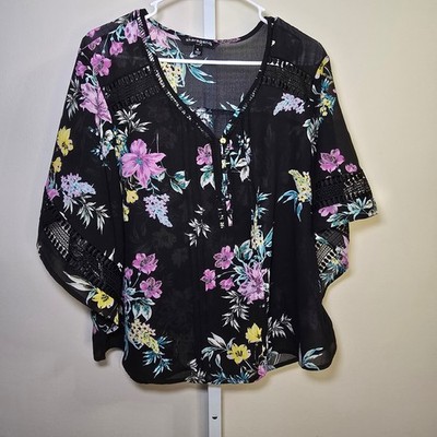 Sharagano Ladies XL Floral Print Kimono Sleeve Blouse Top Black Pink Yellow