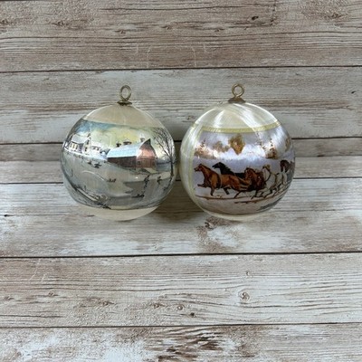 2 Vintage Silk Thread Christmas Ball Ornaments 2.5'', Picture Plastic Wrap, Ivory