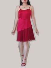 Vintage Red Satin Lace Strap Assymetrical Evening Slip Dress, 80s 90s, sz S-M