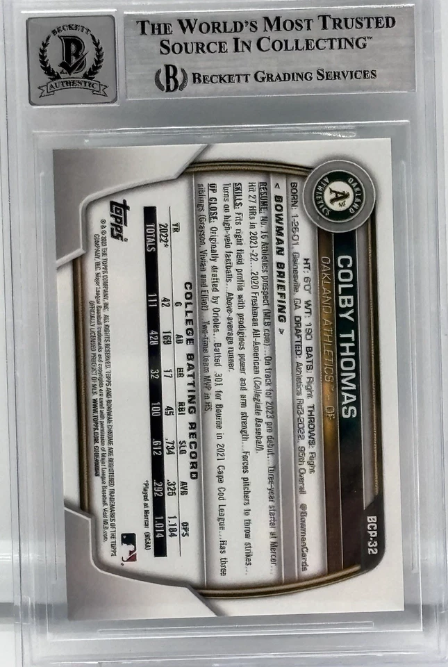 Colby Thomas Signed 2023 Bowman Green Sapphire Chrome #BCP-32 BAS Rookie Auto 10 - Image 2 of 2