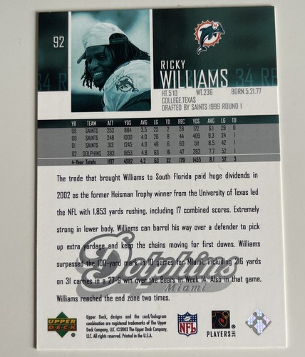 2003 Upper Deck #92 Ricky Williams Miami Dolphins Football Card - Picture 2 of 2