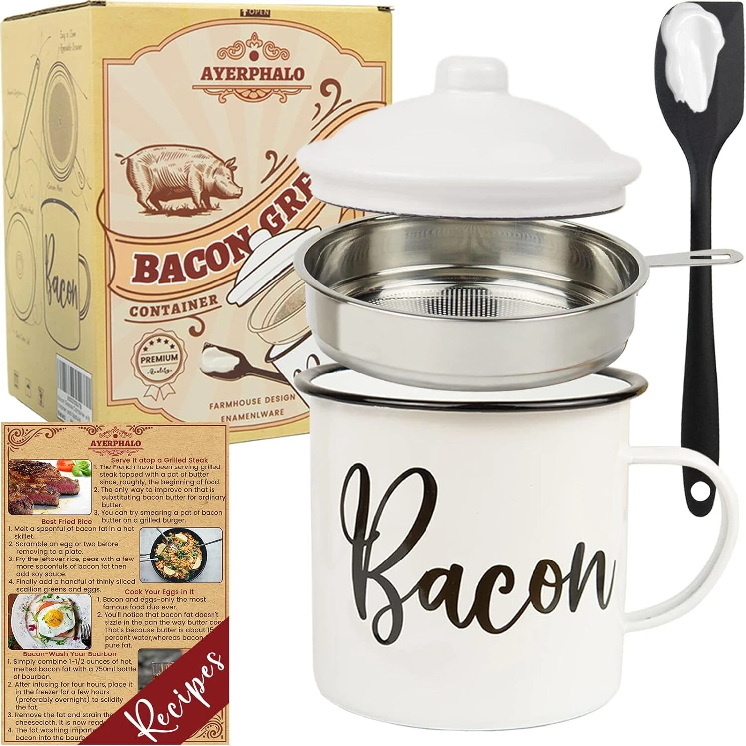 Bacon Grease Container With Strainer With Foodgrade Silicone Spatula 46oz Large