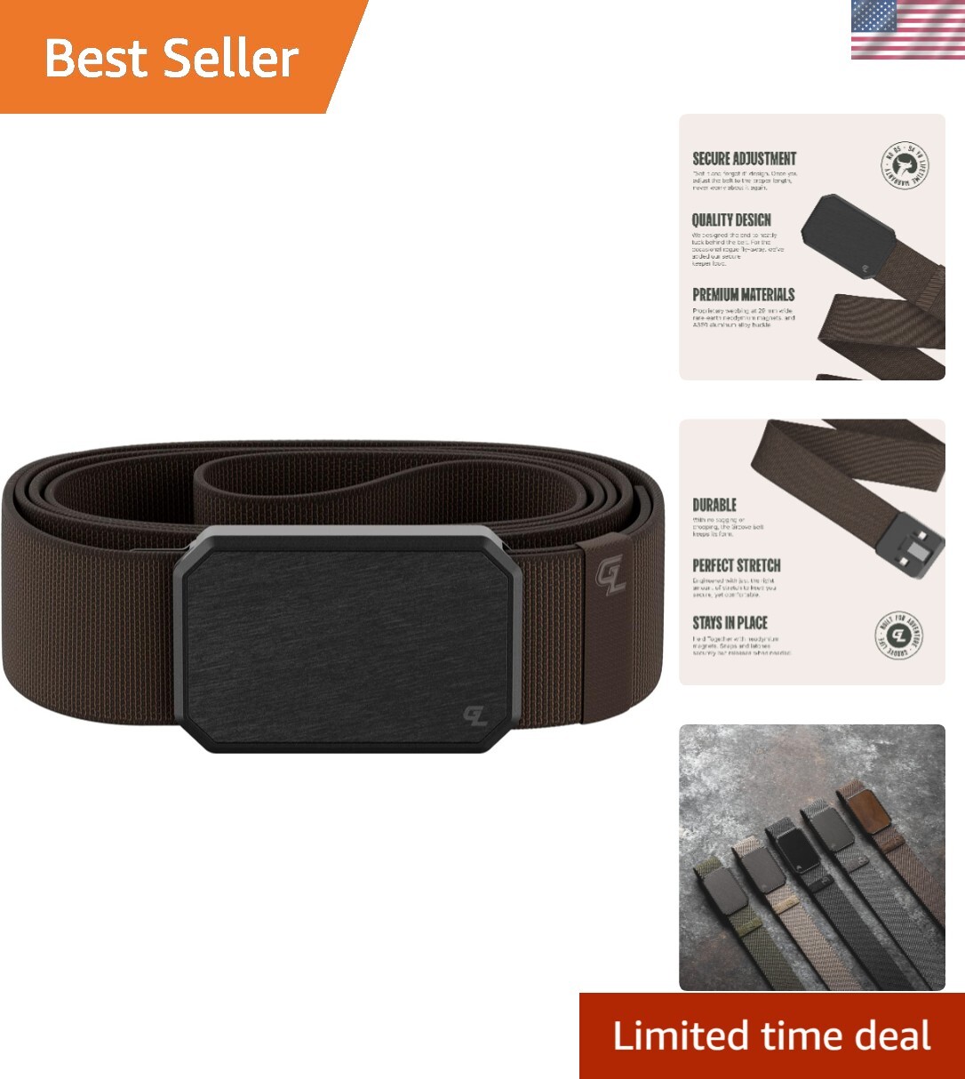 Groove Belt Men's Stretch Nylon Belt with Magnetic Aluminum Buckle, Lifetime ...