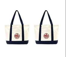 2 x Trader Joe's Beige Blue - Large Reusable Eco Cotton Canvas Shopping Bag NWT!