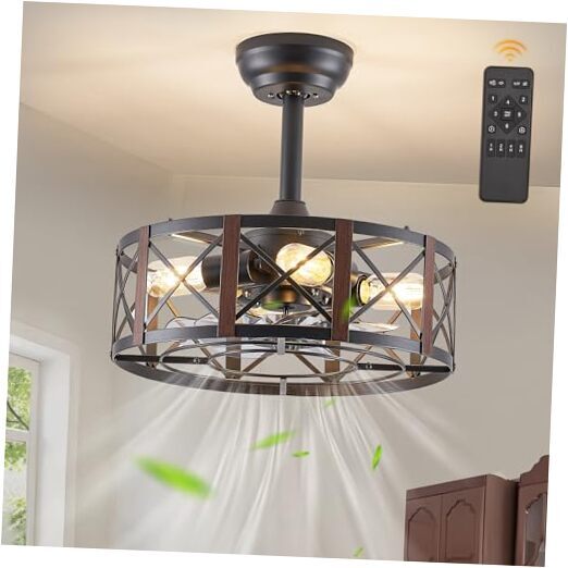 16in Caged Ceiling Fans with Lights and Remote, Bladeless Walnut X-Shape