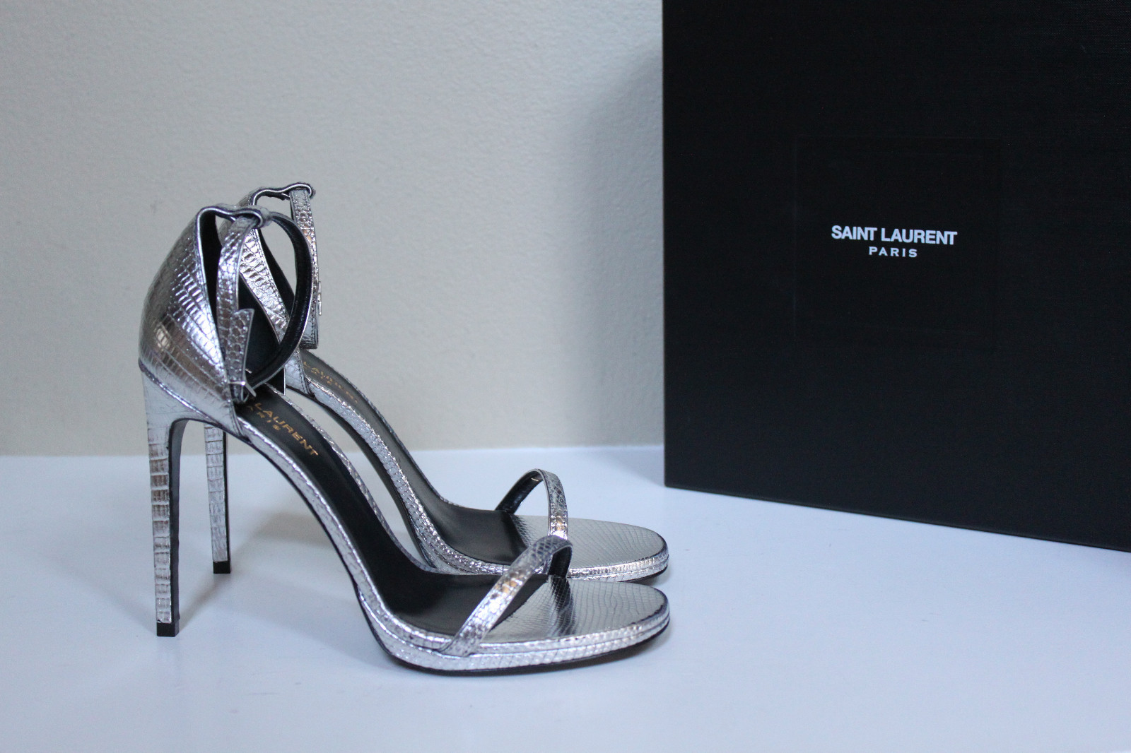 Scarpe sandalo Saint Laurent Jane lucertola metallizzata tacco in rilievo nuove tg 10 5 40 5