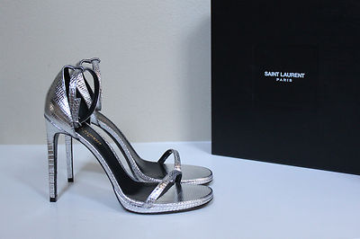 New sz 10.5 / 40.5 Saint Laurent Jane Metallic Lizard Embossed Heel Sandal Shoes